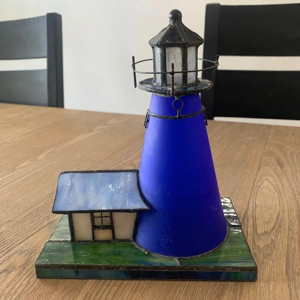 Vtg Stained Glass Lighthouse Cobalt Blue Glass Nautical Accent Lamp Cover READ